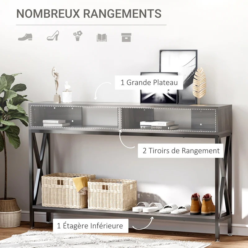 Table console d'entrée industrielle 120 x 23.5 x 75 cm multi rangements étagère basse style contemporain en bois gris 21_0002612