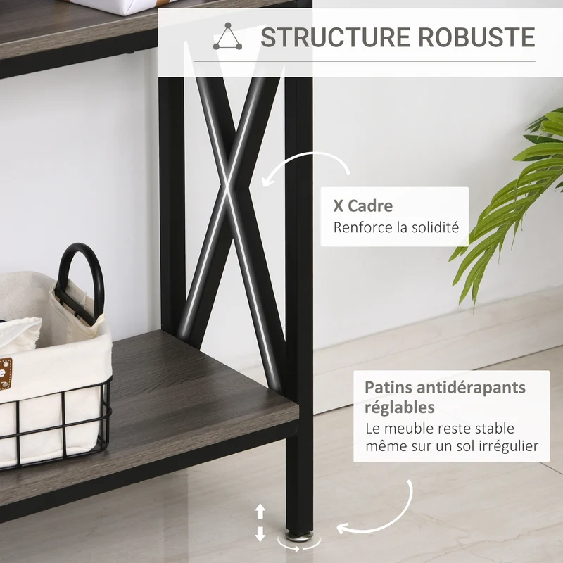 Table console d'entrée industrielle 120 x 23.5 x 75 cm multi rangements étagère basse style contemporain en bois gris 21_0002612