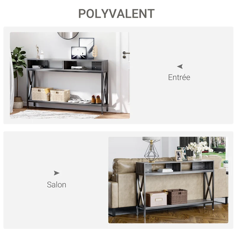 Table console d'entrée industrielle 120 x 23.5 x 75 cm multi rangements étagère basse style contemporain en bois gris 21_0002612