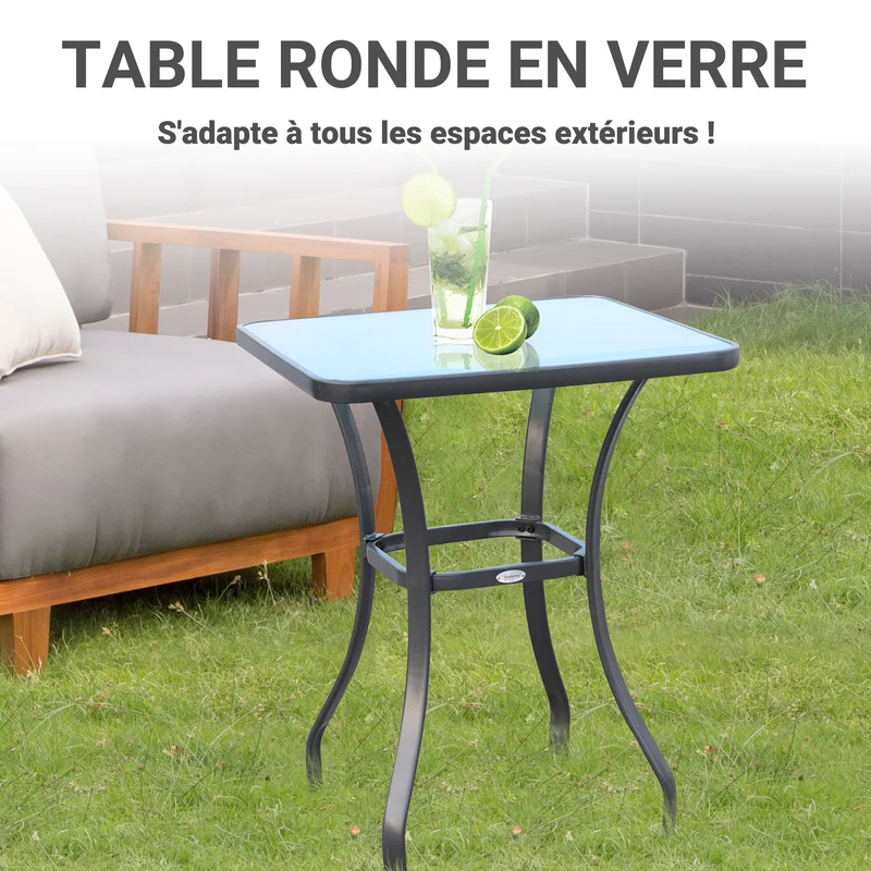 Table bistro carrée jardin 68 x 68 x 84 cm coins arrondis gain de place style contemporain finition mate en métal gris 21_0004557