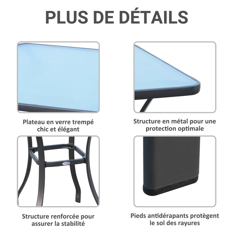 Table bistro carrée jardin 68 x 68 x 84 cm coins arrondis gain de place style contemporain finition mate en métal gris 21_0004557