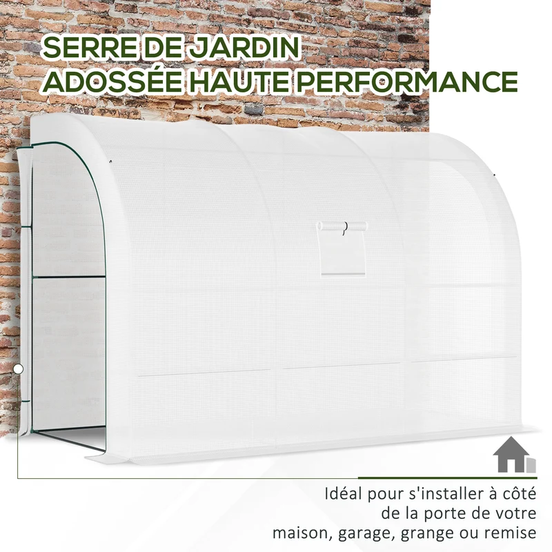 Serre de jardin adossée 300 x 150 x 213 cm protection plantes saison prolongée ventilation moderne épuré en pe blanc 21_0004136