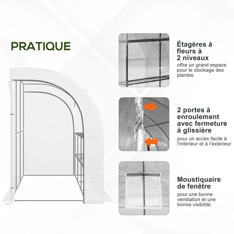 Serre de jardin adossée 300 x 150 x 213 cm protection plantes saison prolongée ventilation moderne épuré en pe blanc 21_0004136