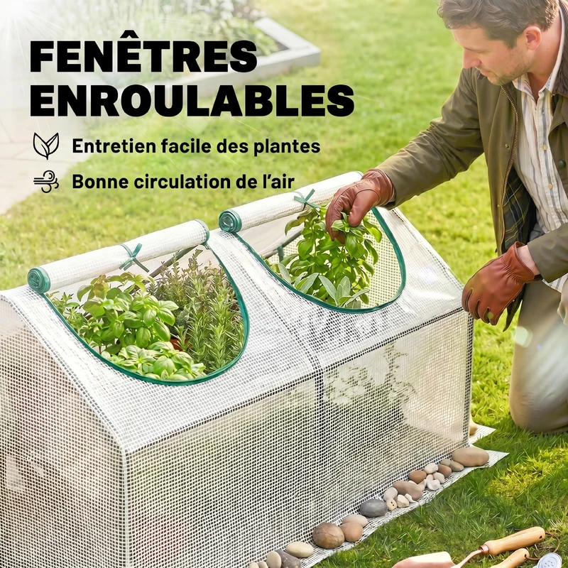 Serre compacte balcon 120 x 60 x 60 cm 2 fenêtres enroulables rebord enterrable 10 cm moderne épuré en plastique blanc 21_0004154