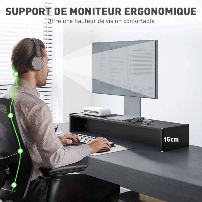 Rehausseur écran bureau 100 x 27 x 15 cm deux rangements gain ergonomique moderne épuré en panneau de particules noir 21_0006372