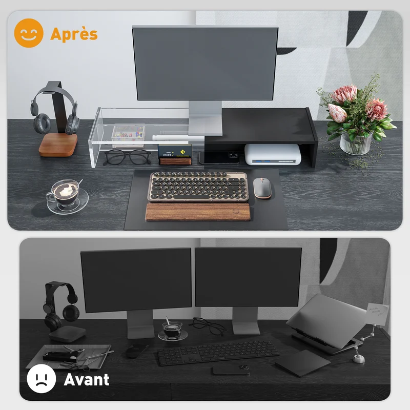 Rehausseur écran bureau 100 x 27 x 15 cm deux rangements gain ergonomique moderne épuré en panneau de particules noir 21_0006372