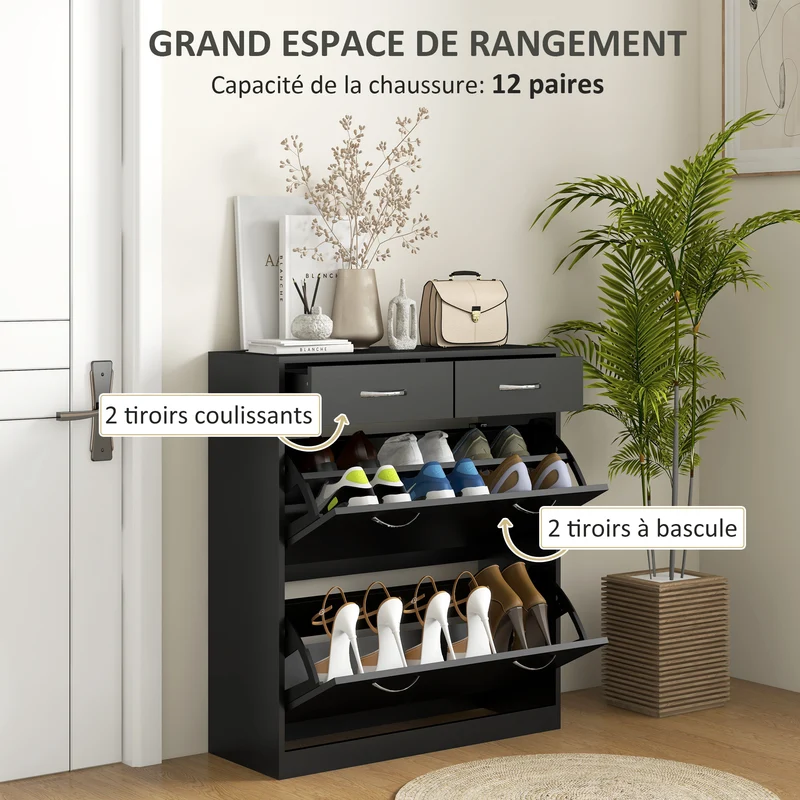 Meuble à chaussures entrée dressing 80 x 30 x 91,5 cm rangement pratique contemporain épuré en panneau de particules noir 21_0002657