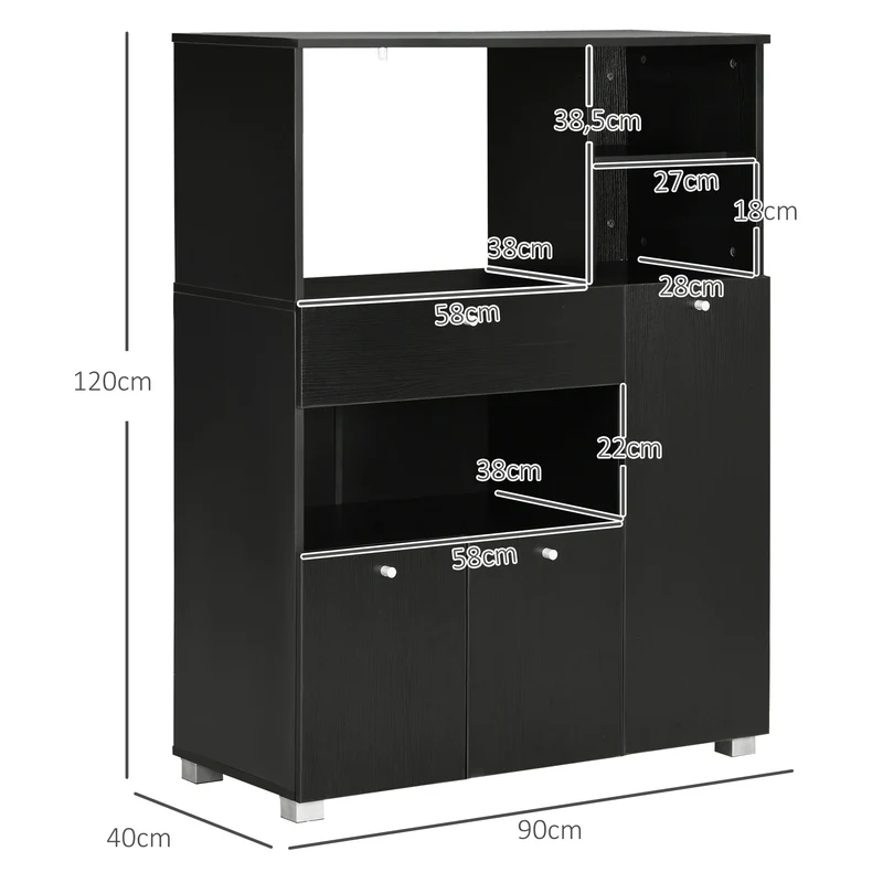Meuble micro-ondes multi rangements 90 x 40 x 120 cm utile tiroir coulissant contemporain en panneau de particules noir 21_0002226