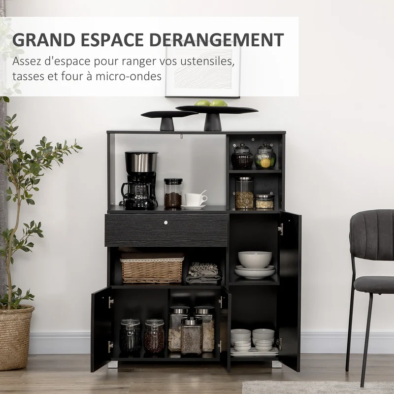 Meuble micro-ondes multi rangements 90 x 40 x 120 cm utile tiroir coulissant contemporain en panneau de particules noir 21_0002226