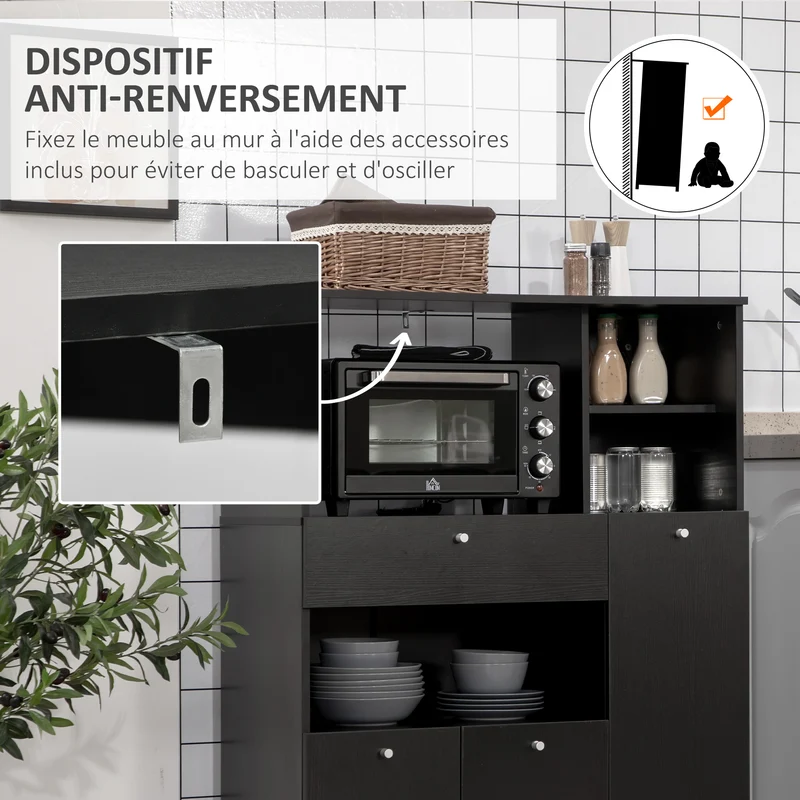 Meuble micro-ondes multi rangements 90 x 40 x 120 cm utile tiroir coulissant contemporain en panneau de particules noir 21_0002226