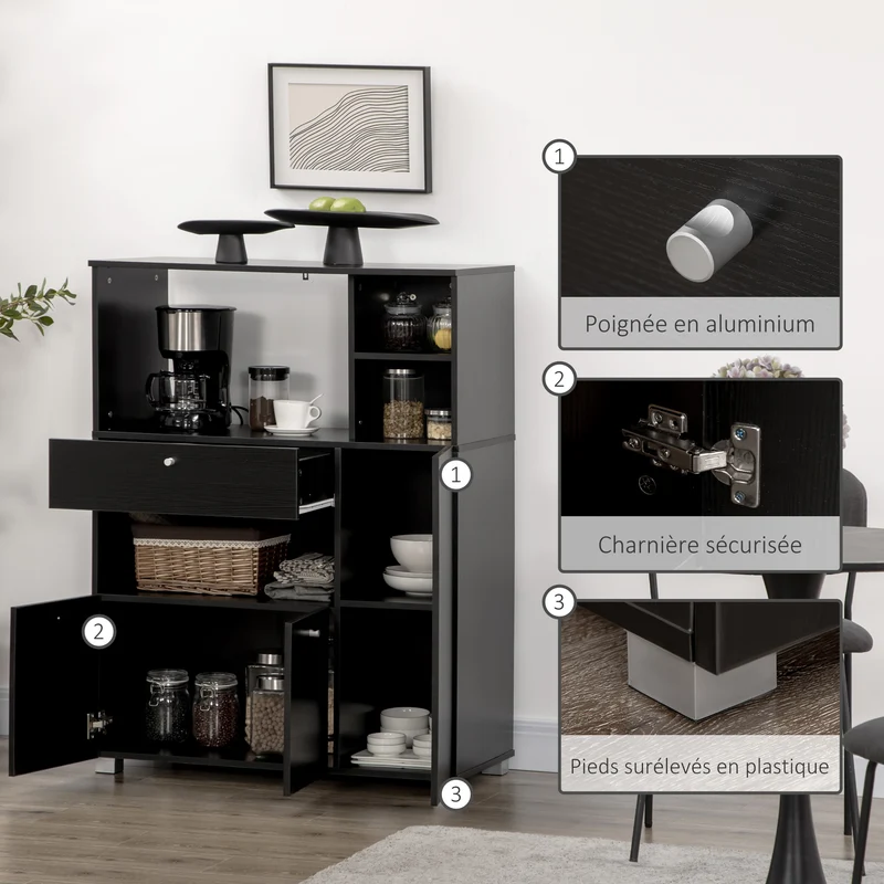 Meuble micro-ondes multi rangements 90 x 40 x 120 cm utile tiroir coulissant contemporain en panneau de particules noir 21_0002226