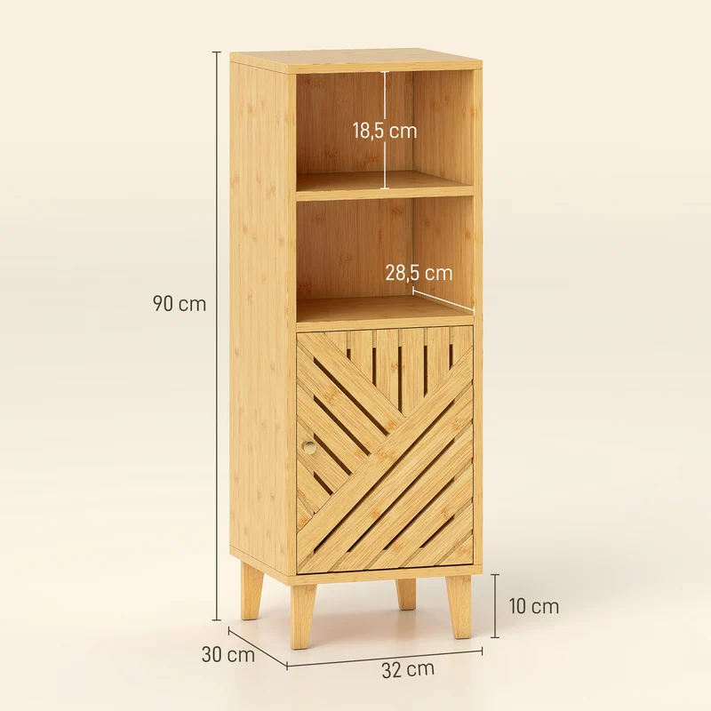 Meuble de salle de bain étroit 32 x 30 x 90 cm rangement ventilé gain de place scandinave épuré en bambou bois naturel 21_0002109