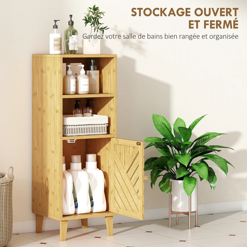 Meuble de salle de bain étroit 32 x 30 x 90 cm rangement ventilé gain de place scandinave épuré en bambou bois naturel 21_0002109