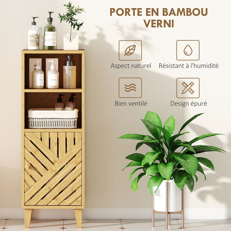 Meuble de salle de bain étroit 32 x 30 x 90 cm rangement ventilé gain de place scandinave épuré en bambou bois naturel 21_0002109