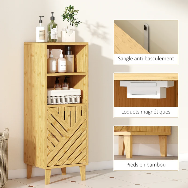 Meuble de salle de bain étroit 32 x 30 x 90 cm rangement ventilé gain de place scandinave épuré en bambou bois naturel 21_0002109