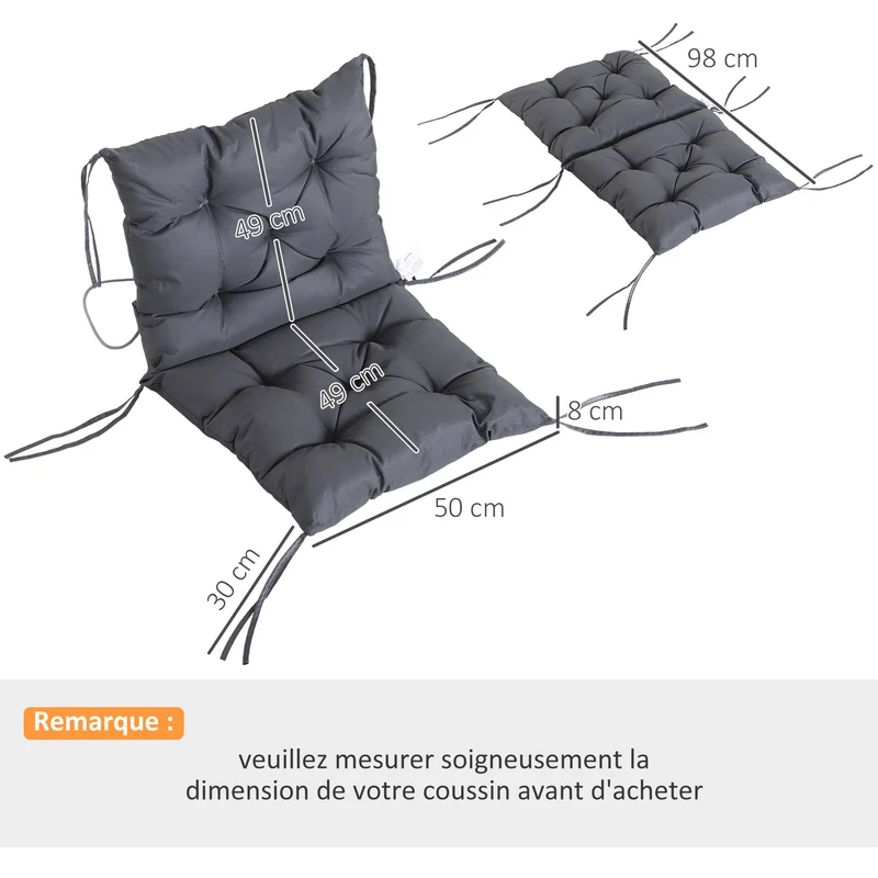 Lot de 2 coussins chaise d'extérieur 98 x 50 x 8 cm assise dossier rembourrés capitonnés contemporain en polyester gris 21_0004574