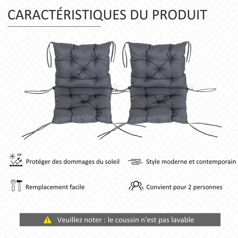 Lot de 2 coussins chaise d'extérieur 98 x 50 x 8 cm assise dossier rembourrés capitonnés contemporain en polyester gris 21_0004574