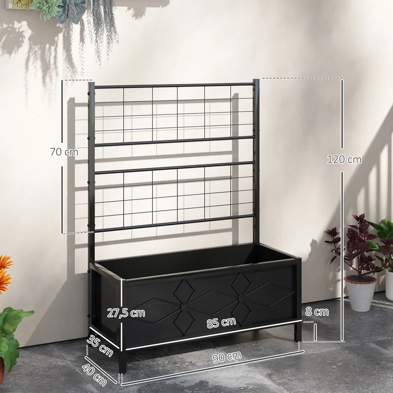 Jardinière surélevée jardin 90 x 40 x 120 cm support plantes grimpantes drainage solide design en acier galvanisé noir 21_0005478