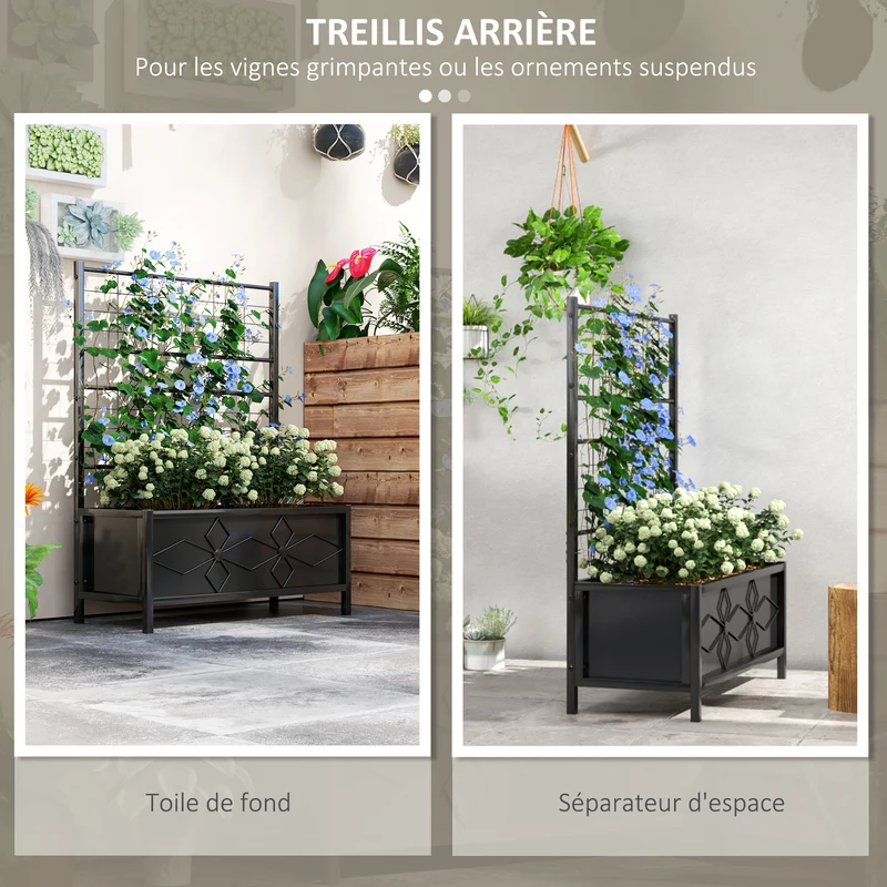 Jardinière surélevée jardin 90 x 40 x 120 cm support plantes grimpantes drainage solide design en acier galvanisé noir 21_0005478