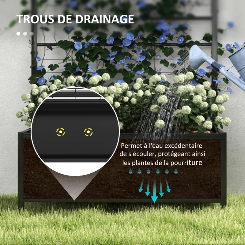Jardinière surélevée jardin 90 x 40 x 120 cm support plantes grimpantes drainage solide design en acier galvanisé noir 21_0005478