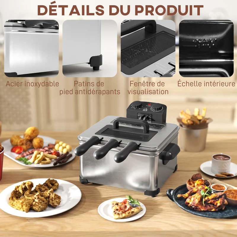 Friteuse à bain d'huile 49,5 x 35 x 23 cm 5 l température réglable minuterie 60 min moderne en acier inoxydable argenté 21_0000959