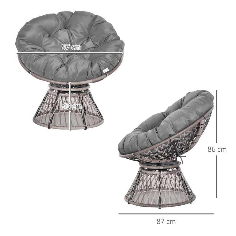 Fauteuil papasan rond pivotant 87 x 97 x 86 cm rotation 360° coussin moelleux salon style vintage en résine tressée gris 21_0006037
