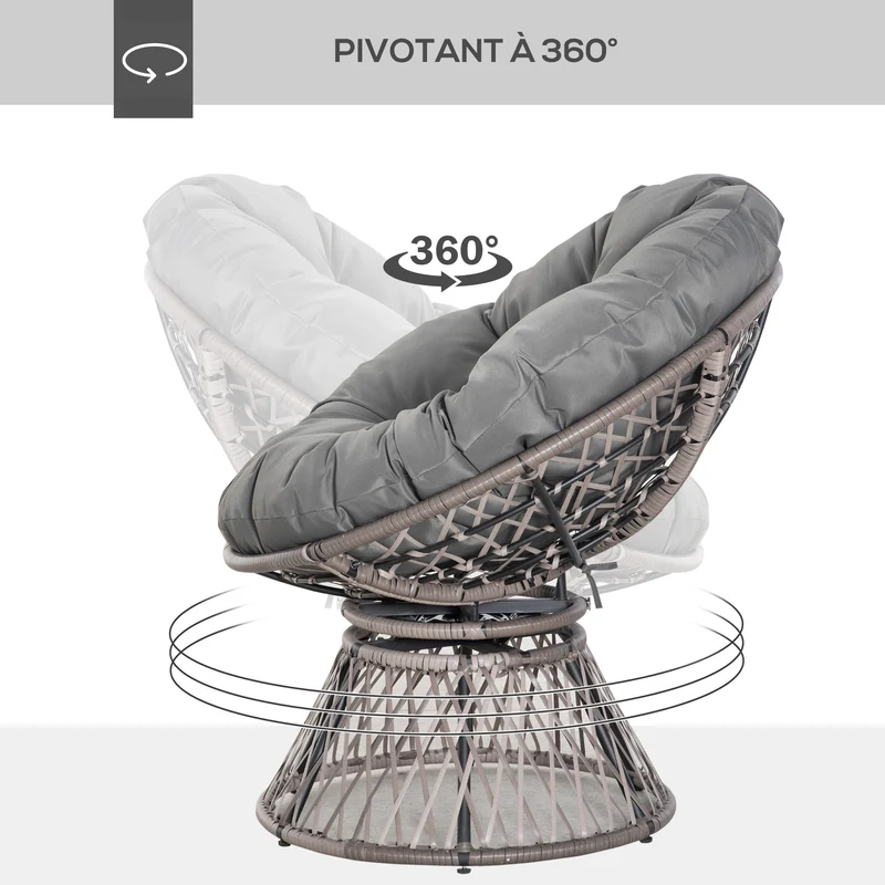 Fauteuil papasan rond pivotant 87 x 97 x 86 cm rotation 360° coussin moelleux salon style vintage en résine tressée gris 21_0006037