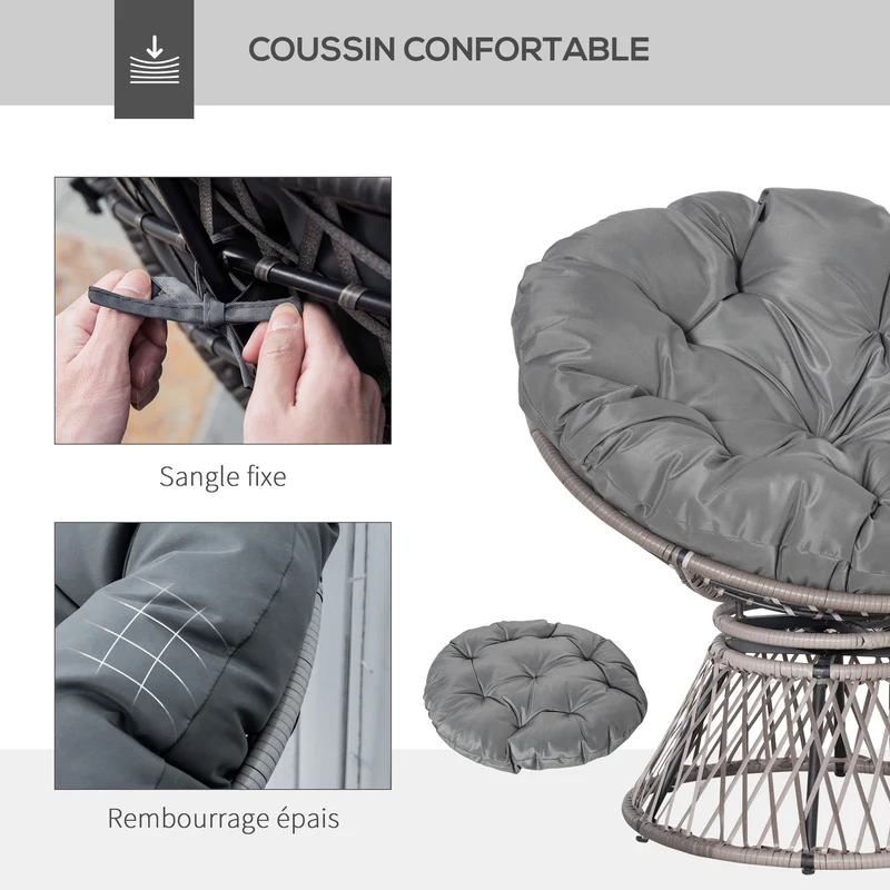 Fauteuil papasan rond pivotant 87 x 97 x 86 cm rotation 360° coussin moelleux salon style vintage en résine tressée gris 21_0006037
