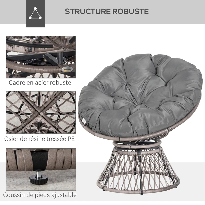 Fauteuil papasan rond pivotant 87 x 97 x 86 cm rotation 360° coussin moelleux salon style vintage en résine tressée gris 21_0006037