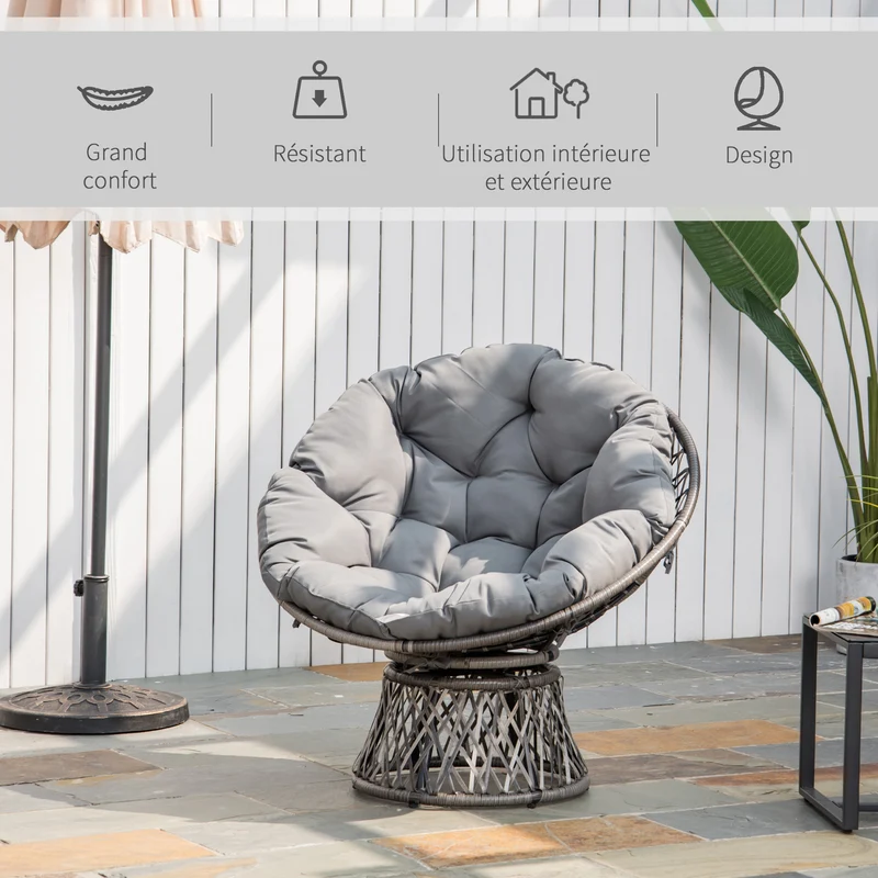 Fauteuil papasan rond pivotant 87 x 97 x 86 cm rotation 360° coussin moelleux salon style vintage en résine tressée gris 21_0006037