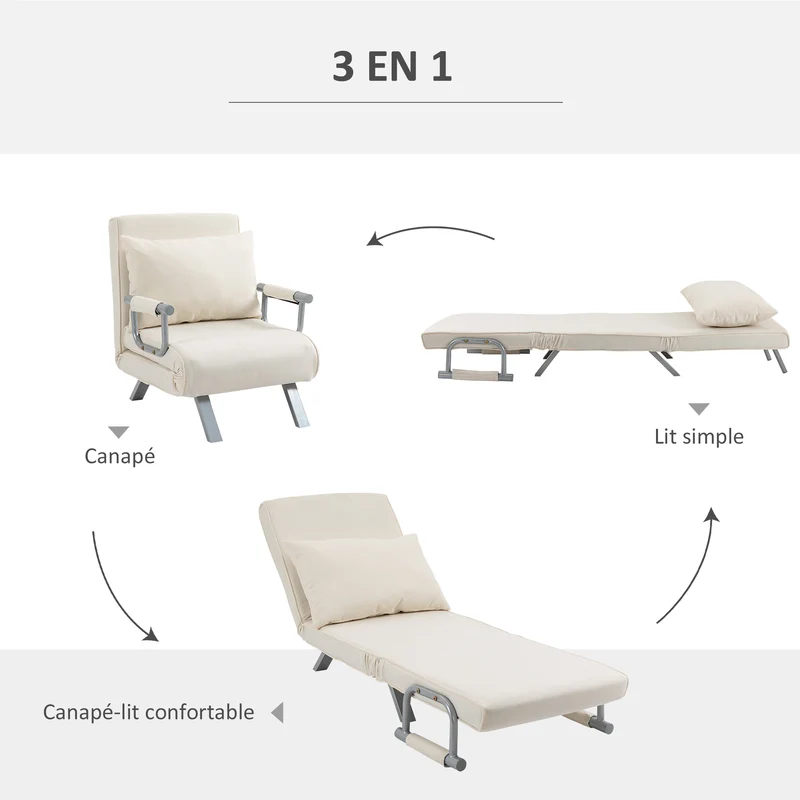 Fauteuil chauffeuse convertible 1 place lit 60 x 186 x 25 cm déhoussable grand confort contemporain cosy en suède blanc 21_0001682