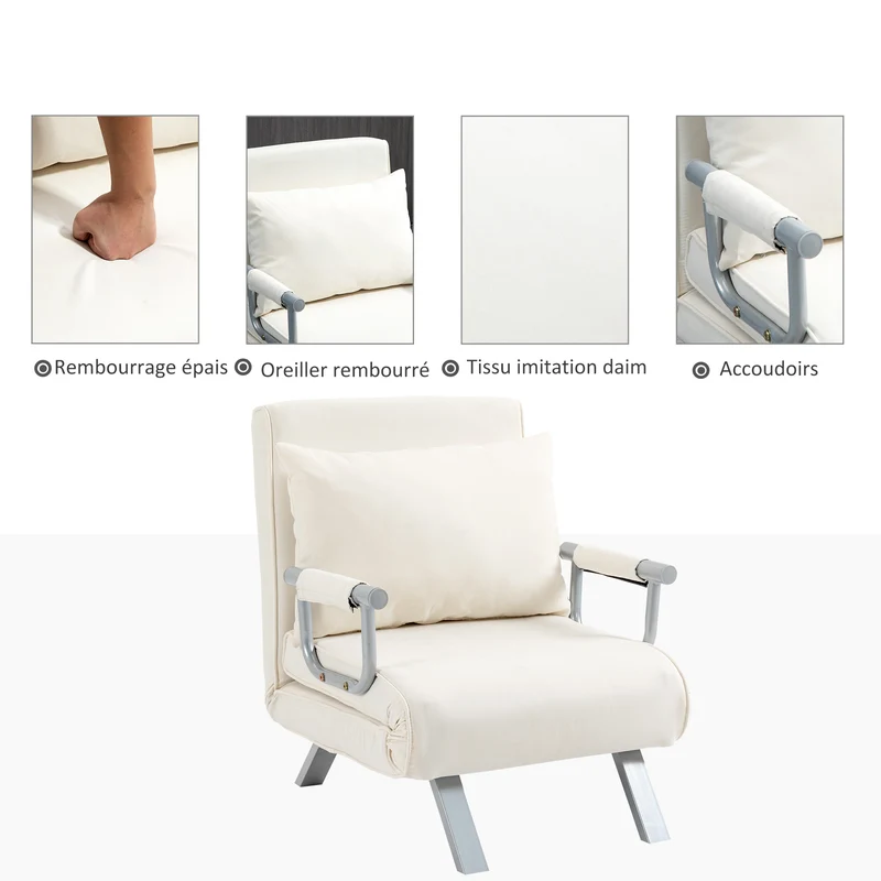 Fauteuil chauffeuse convertible 1 place lit 60 x 186 x 25 cm déhoussable grand confort contemporain cosy en suède blanc 21_0001682