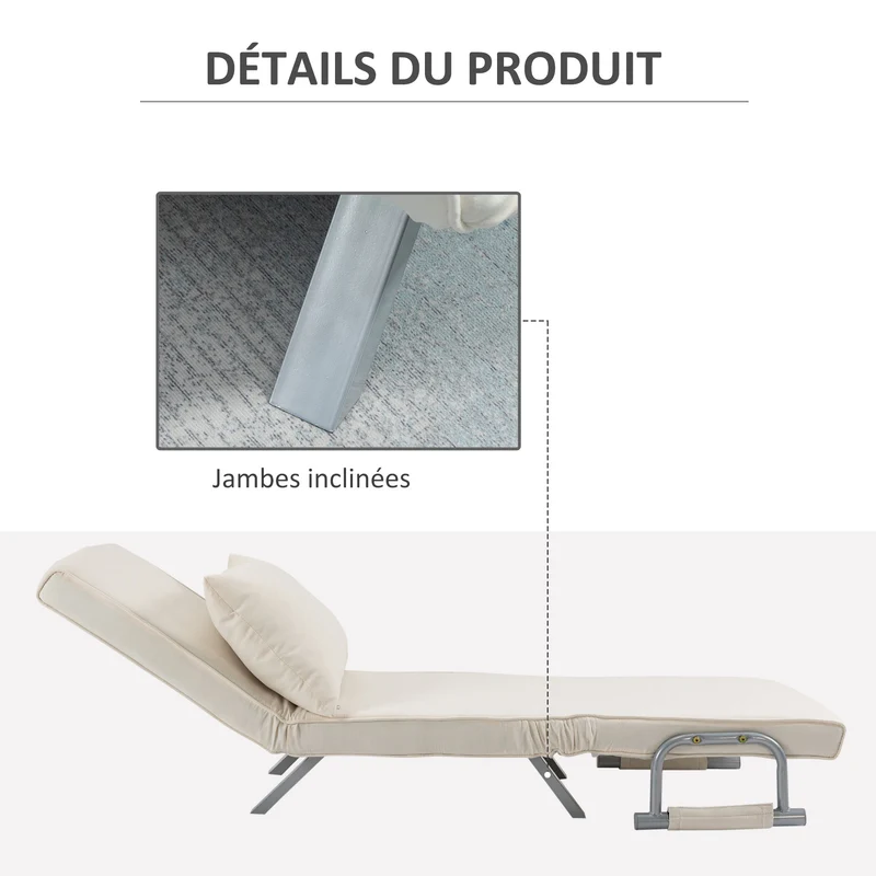 Fauteuil chauffeuse convertible 1 place lit 60 x 186 x 25 cm déhoussable grand confort contemporain cosy en suède blanc 21_0001682