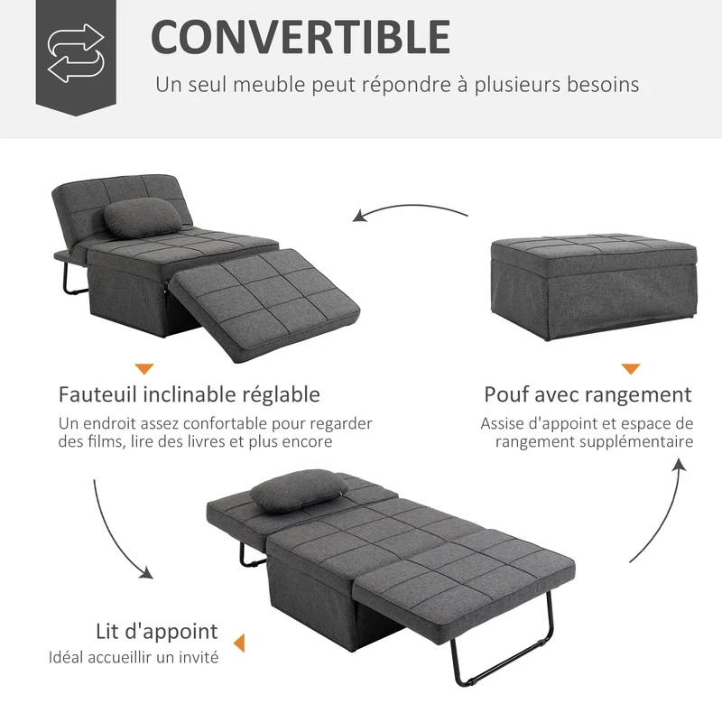 Fauteuil chauffeuse 1 place convertible 95 x 179 x 78 cm dossier 5 positions assise mousse 28d contemporain en lin gris 21_0003016