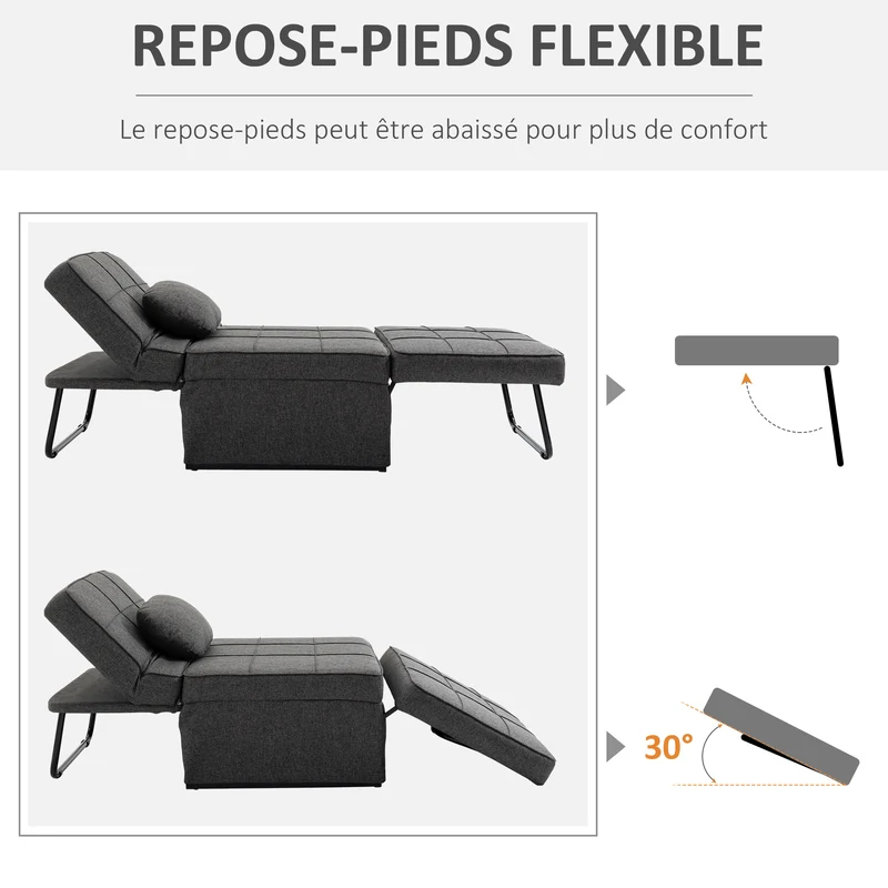 Fauteuil chauffeuse 1 place convertible 95 x 179 x 78 cm dossier 5 positions assise mousse 28d contemporain en lin gris 21_0003016