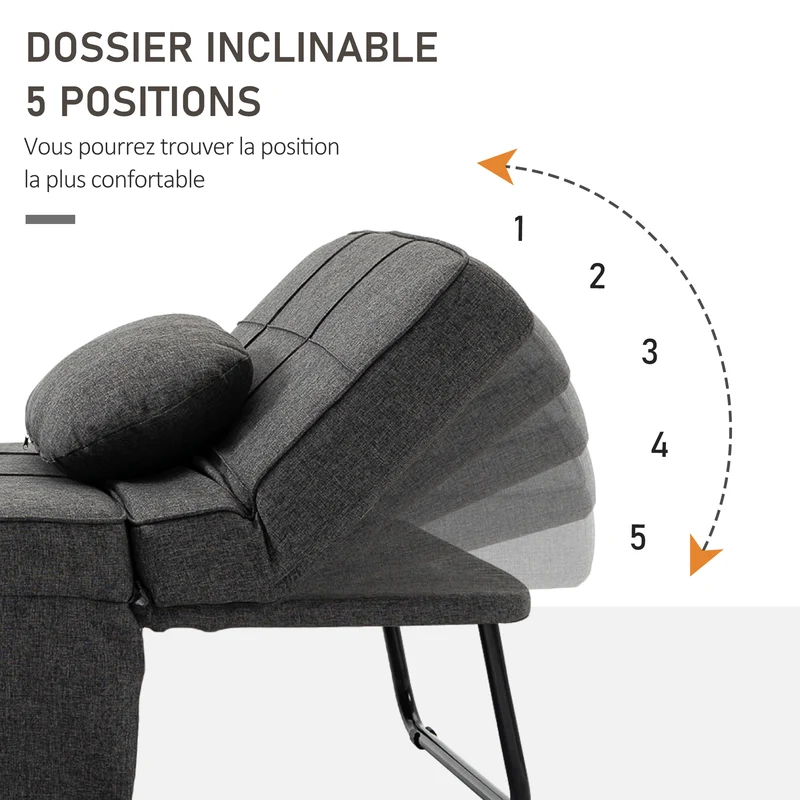 Fauteuil chauffeuse 1 place convertible 95 x 179 x 78 cm dossier 5 positions assise mousse 28d contemporain en lin gris 21_0003016
