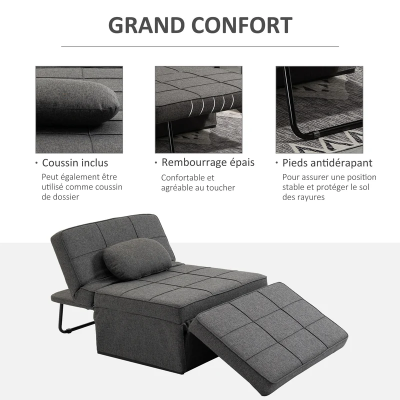 Fauteuil chauffeuse 1 place convertible 95 x 179 x 78 cm dossier 5 positions assise mousse 28d contemporain en lin gris 21_0003016