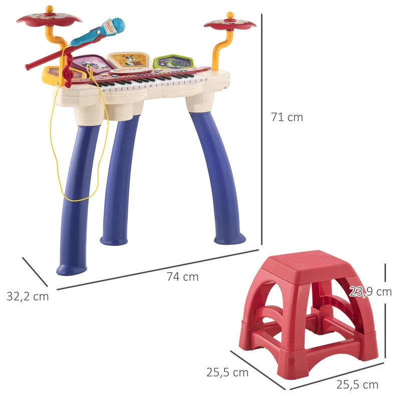 Ensemble piano batterie enfant 74 x 32.2 x 71 cm jeu interactif micro tabouret contemporain en plastique multicolore 21_0000696