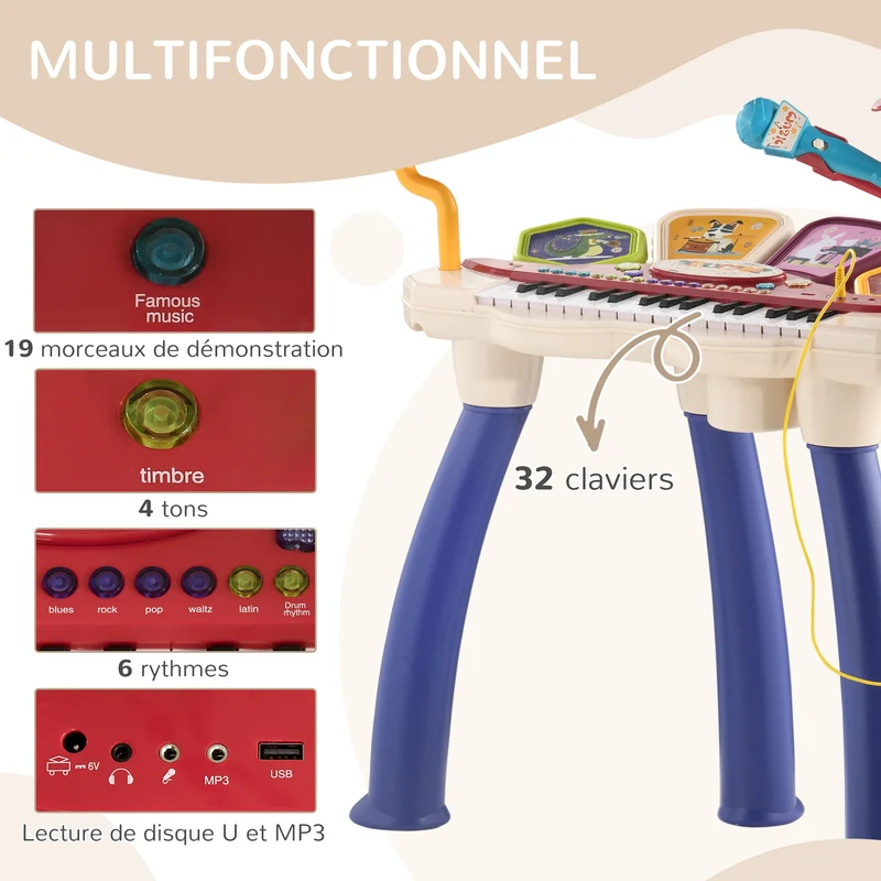 Ensemble piano batterie enfant 74 x 32.2 x 71 cm jeu interactif micro tabouret contemporain en plastique multicolore 21_0000696