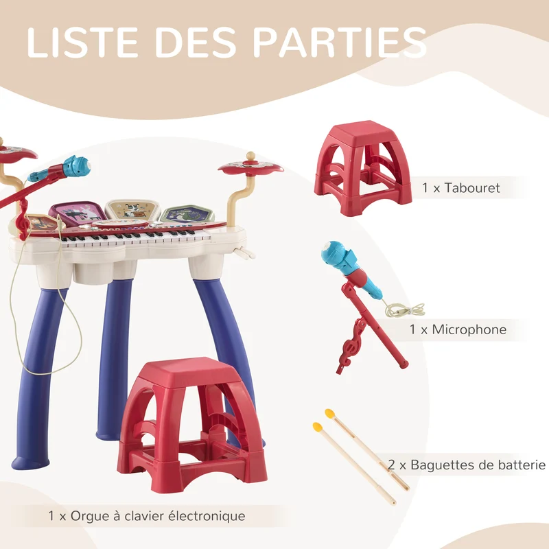 Ensemble piano batterie enfant 74 x 32.2 x 71 cm jeu interactif micro tabouret contemporain en plastique multicolore 21_0000696