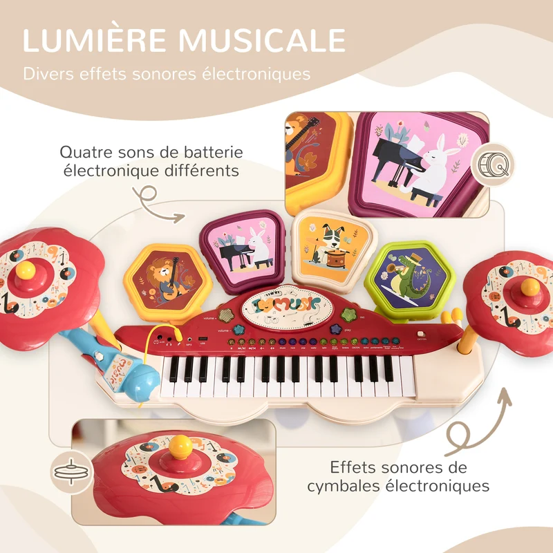Ensemble piano batterie enfant 74 x 32.2 x 71 cm jeu interactif micro tabouret contemporain en plastique multicolore 21_0000696