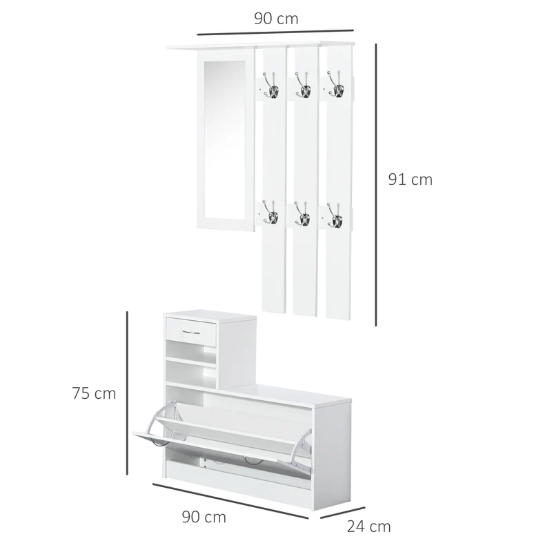 Ensemble meuble d'entrée vestiaire 3 en 1 90 x 24 x 91 cm rangements modulables miroir intégré contemporain en bois blanc 21_0001413