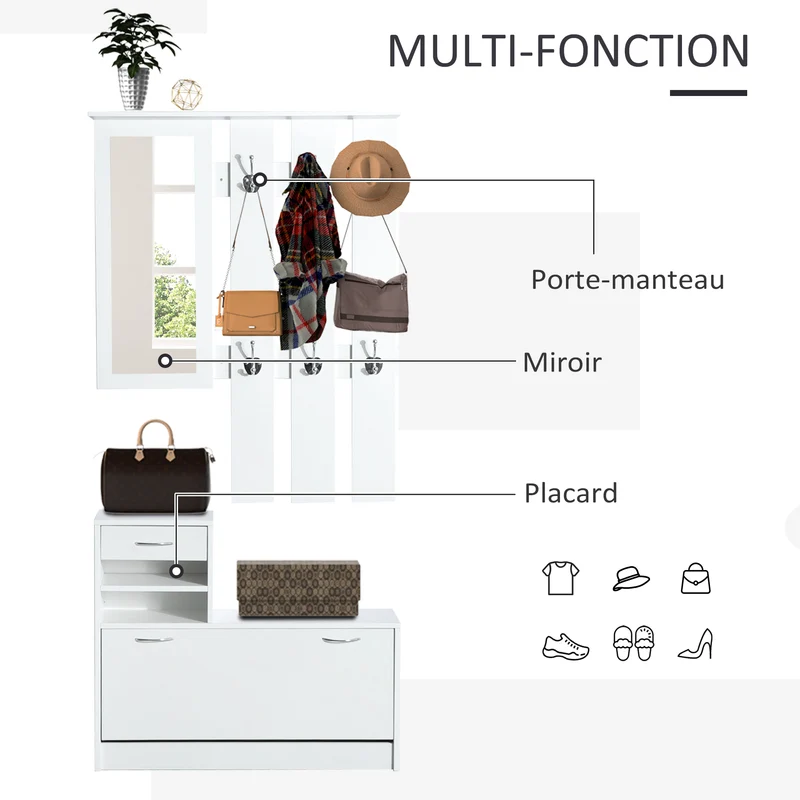 Ensemble meuble d'entrée vestiaire 3 en 1 90 x 24 x 91 cm rangements modulables miroir intégré contemporain en bois blanc 21_0001413
