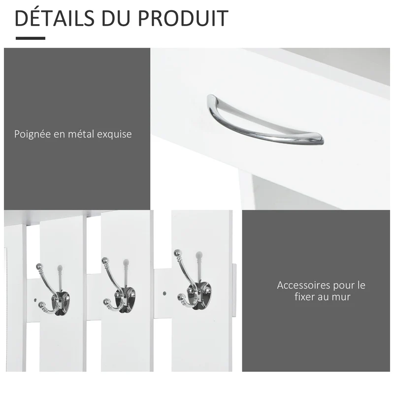 Ensemble meuble d'entrée vestiaire 3 en 1 90 x 24 x 91 cm rangements modulables miroir intégré contemporain en bois blanc 21_0001413