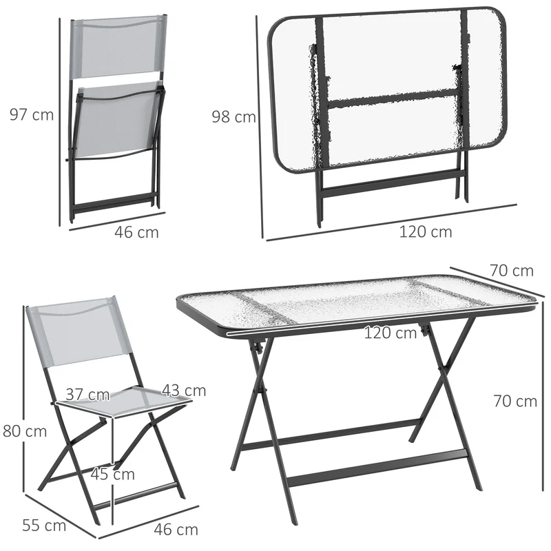 Ensemble de jardin 5 pièces table et 4 chaises 120 x 70 x 70 cm pliables assise respirante contemporain en métal gris 21_0005194