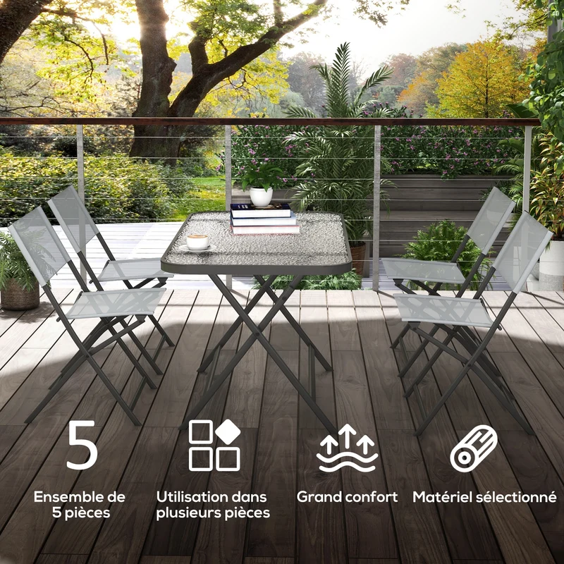 Ensemble de jardin 5 pièces table et 4 chaises 120 x 70 x 70 cm pliables assise respirante contemporain en métal gris 21_0005194