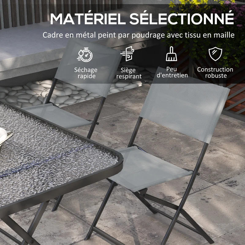 Ensemble de jardin 5 pièces table et 4 chaises 120 x 70 x 70 cm pliables assise respirante contemporain en métal gris 21_0005194