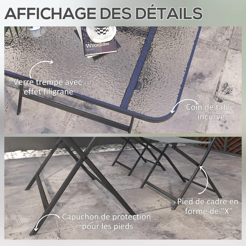 Ensemble de jardin 5 pièces table et 4 chaises 120 x 70 x 70 cm pliables assise respirante contemporain en métal gris 21_0005194