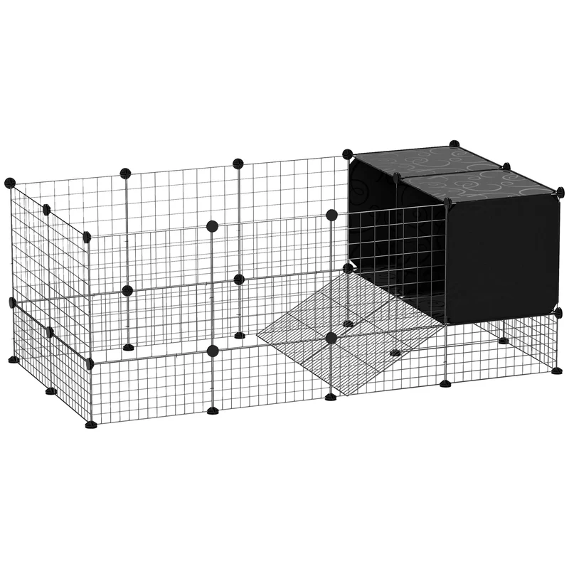 Enclos modulable pour rongeurs 140 x 70 x 52 cm montage facile sécurité avec cabane surélevée design épuré en acier noir 21_0007996
