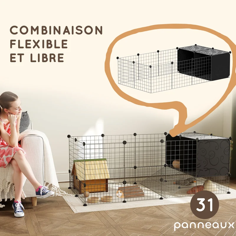 Enclos modulable pour rongeurs 140 x 70 x 52 cm montage facile sécurité avec cabane surélevée design épuré en acier noir 21_0007996